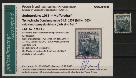 III. Reich / Dt. Bes. Sudetenland, 1938, Maffersdorf, Mi.- Nr.: 126, gestempelt! Akt. FB Brunel VPeV. : e+e! Selten!