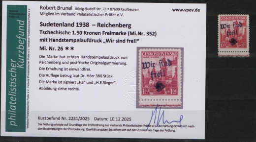 III. Reich / Dt. Bes. Sudetenland, 1938, Reichenberg, Mi.- Nr.: 26, **! Akt. FB Brunel VPeV. : e+e! Selten! Auflage: 380!