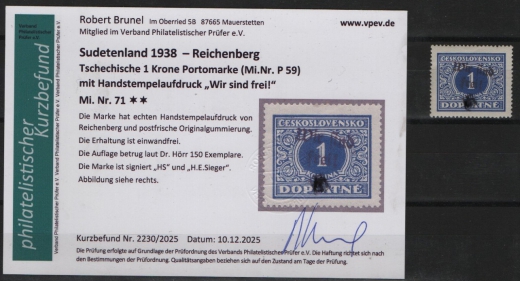 III. Reich / Dt. Bes. Sudetenland, 1938, Reichenberg, Mi.- Nr.: 71, **! Akt. FB Brunel VPeV. : e+e! Selten! Auflage: 150!