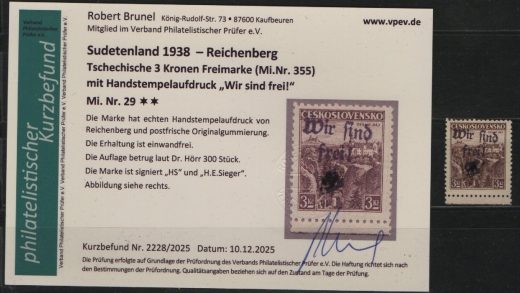 III. Reich / Dt. Bes. Sudetenland, 1938, Reichenberg, Mi.- Nr.: 29, **! Akt. FB Brunel VPeV. : e+e! Selten! Auflage: 300!