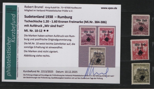 III. Reich / Dt. Bes. Sudetenland, 1938, Rumburg, Mi.- Nr.: 10- 12, **! Akt. FB Brunel VPeV. : e+e! Selten!