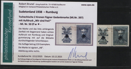 III. Reich / Dt. Bes. Sudetenland, 1938, Rumburg, Mi.- Nr.: 50 Zf w, *! Akt. FB Brunel VPeV. : e+ ...! Selten! Auflage 219 Stk.!