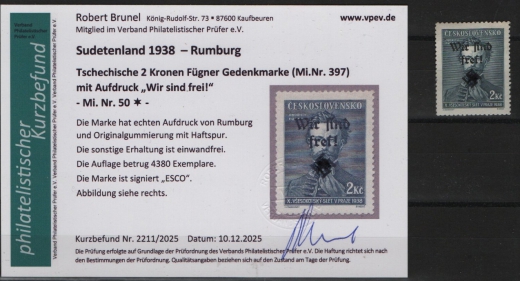 III. Reich / Dt. Bes. Sudetenland, 1938, Rumburg, Mi.- Nr.: 50, *! Akt. FB Brunel VPeV. : e+ ...! Selten