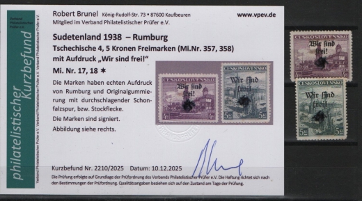 III. Reich / Dt. Bes. Sudetenland, 1938, Rumburg, Mi.- Nr.: 17 + 18, *! Akt. FB Brunel VPeV. : e+ ...! Selten