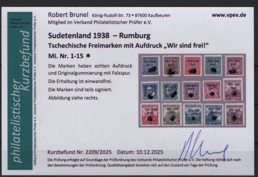 III. Reich / Dt. Bes. Sudetenland, 1938, Rumburg, Mi.- Nr.: 1- 15, *! Akt. FB Brunel VPeV, : e+e! Selten!