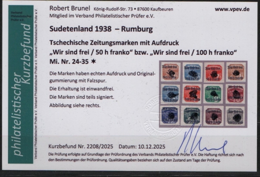 III. Reich / Dt. Bes. Sudetenland, 1938, Rumburg, Mi.- Nr.: 24- 35, *! Akt. FB Brunel VPeV, : e+e! Selten!