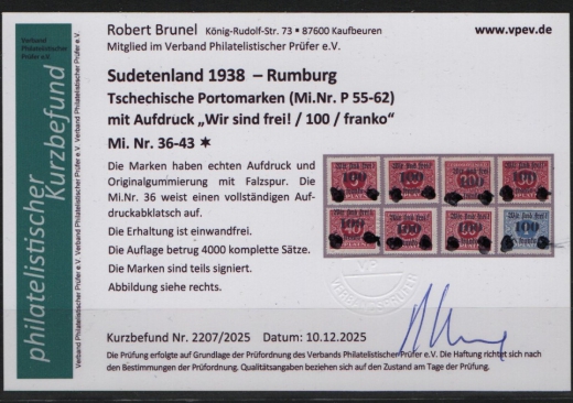 III. Reich / Dt. Bes. Sudetenland, 1938, Rumburg, Mi.- Nr.: 36- 43, *! Akt. FB Brunel VPeV, : e+e! Selten!