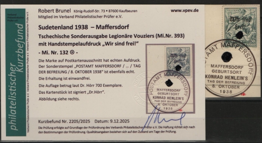 III. Reich / Dt. Bes. Sudetenland, 1938, Maffersdorf, Mi.- Nr.: 132, auf kl. Briefstk.! Akt. FB Brunel VPeV, : e+e! Selten! Auflage 700 Stk.!