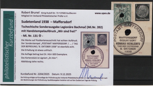 III. Reich / Dt. Bes. Sudetenland, 1938, Maffersdorf, Mi.- Nr.: 131, auf kl. Briefstk.! Akt. FB Brunel VPeV, : e+e! Selten! Auflage 600 Stk.!