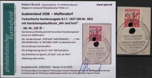 III. Reich / Dt. Bes. Sudetenland, 1938, Maffersdorf, Mi.- Nr.: 125, auf kl. Briefstk.! Akt. FB Brunel VPeV, : e+e! Selten! Auflage 200 Stk.!