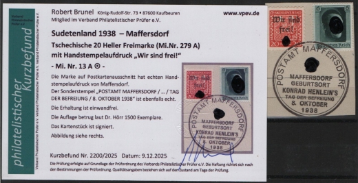 III. Reich / Dt. Bes. Sudetenland, 1938, Maffersdorf, Mi.- Nr.: 13 A, auf kl. Briefstk.! Akt. FB Brunel VPeV, : e+e! Selten!