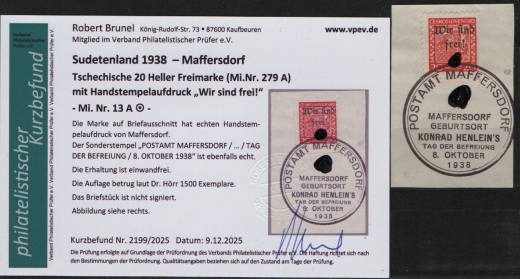 III. Reich / Dt. Bes. Sudetenland, 1938, Maffersdorf, Mi.- Nr.: 13 A, auf kl. Briefstk.! Akt. FB Brunel VPeV, : e+e! Selten!