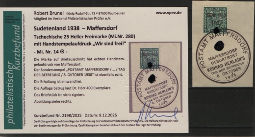 III. Reich / Dt. Bes. Sudetenland, 1938, Maffersdorf, Mi.- Nr.: 14, auf kl. Briefstk.! Akt. FB Brunel VPeV, : e+e! Selten! Auflage 400 Stk.!