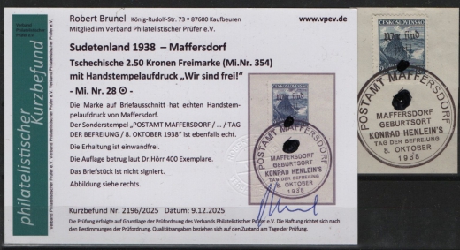III. Reich / Dt. Bes. Sudetenland, 1938, Maffersdorf, Mi.- Nr.: 28, auf kl. Briefstk.! Akt. FB Brunel VPeV, : e+...! Selten! Auflage 400 Stk.!