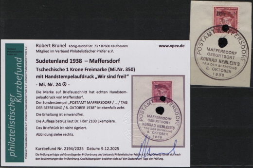 III. Reich / Dt. Bes. Sudetenland, 1938, Maffersdorf, Mi.- Nr.: 24, auf kl. Briefstk.! Akt. FB Brunel VPeV, : e+...! Selten!