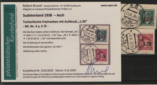 III. Reich / Dt. Bes. Sudetenland, 1938, Asch, Mi.- Nr.: 4a + 5, je auf kl. Briefstück! Akt. FB Brunel VPeV. : e+ e! Selten!