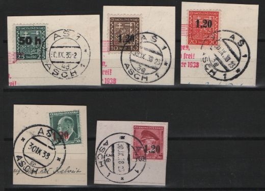 III. Reich / Dt. Bes. Sudetenland, 1938, Asch, Mi.- Nr.: 1Ia, 2, 3, 4a + 5, je auf kl. Briefstück! Akt. FB Brunel VPeV. : e+ e! Selten!