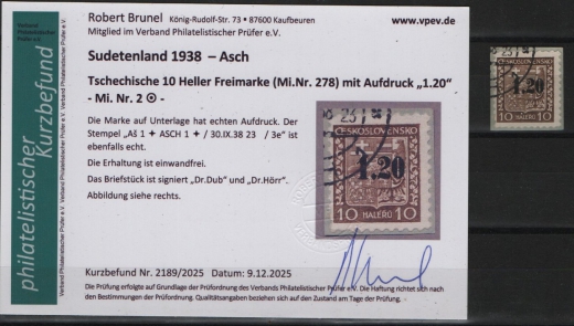 III. Reich / Dt. Bes. Sudetenland, 1938, Asch, Mi.- Nr.: 5, auf kl. Briefstück! Akt. FB Brunel VPeV. : e+ e! Selten!