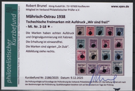 III. Reich / Dt. Bes. Sudetenland, 1938, Mährisch- Ostrau, Mi.- Nr.: 2- 18, *! Akt. FB Brunel VPeV. : e+ e! Selten!