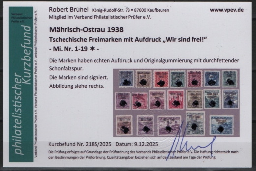 III. Reich / Dt. Bes. Sudetenland, 1938, Mährisch- Ostrau, Mi.- Nr.: 1- 19, *! Akt. FB Brunel VPeV. : e+ ...! Selten!