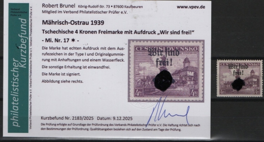 III. Reich / Dt. Bes. Sudetenland, 1938, Mährisch- Ostrau, Mi.- Nr.: 17, *! Akt. FB Brunel VPeV. : e+ ...! Selten!