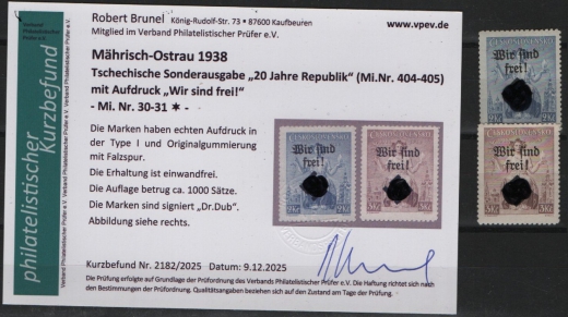 III. Reich / Dt. Bes. Sudetenland, 1938, Mährisch- Ostrau, Mi.- Nr.: 30 + 31, *! Akt. FB Brunel VPeV. : e+ e! Selten!
