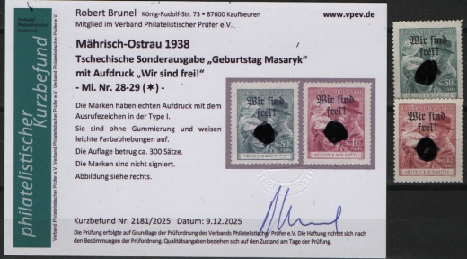 III. Reich / Dt. Bes. Sudetenland, 1938, Mährisch- Ostrau, Mi.- Nr.: 28 + 29, (*) o. G.! Akt. FB Brunel VPeV. : e+ ...! Selten! Auflage ca. 300 Sätze!