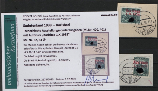 III. Reich / Dt. Bes. Sudetenland, 1938, Karlsbad, Mi.- Nr.: 62 + 63, auf kl Briefstücken! Akt. FB Brunel VPeV. : e+ e! Selten!