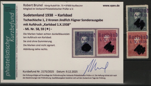 III. Reich / Dt. Bes. Sudetenland, 1938, Karlsbad, Mi.- Nr.: 58 + 59, (* / o.G.)! Akt. FB Brunel VPeV. : e+ e! Selten!