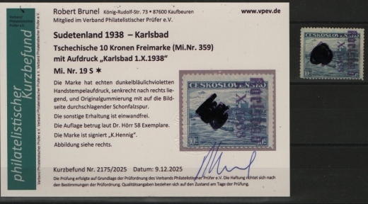 III. Reich / Dt. Bes. Sudetenland, 1938, Karlsbad, Mi.- Nr.: 19 S, *! Akt. FB Brunel VPeV. : e+ ... e! Selten! Auflage 58 Stk.!