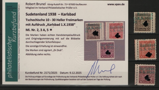 III. Reich / Dt. Bes. Sudetenland, 1938, Karlsbad, Mi.- Nr.: 2, 3 A + 5, *! Akt. FB Brunel VPeV. : e+ ... e! Selten!