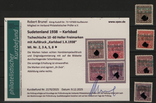 III. Reich / Dt. Bes. Sudetenland, 1938, Karlsbad, Mi.- Nr.: 2, 3 A, 5 + 8, *! Akt. FB Brunel VPeV. : e+ ... e! Selten!