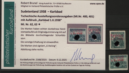III. Reich / Dt. Bes. Sudetenland, 1938, Karlsbad, Mi.- Nr.: 62 + 63, *! Akt. FB Brunel VPeV. : e+ ... e! Selten!