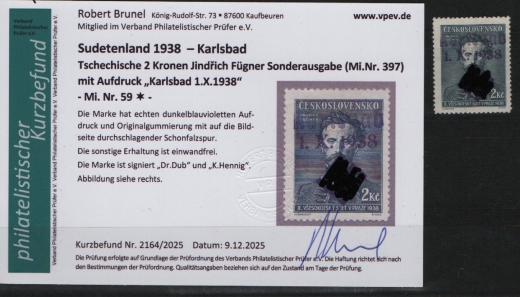 III. Reich / Dt. Bes. Sudetenland, 1938, Karlsbad, Mi.- Nr.: 59, *! Akt. FB Brunel VPeV. : e+ ... e! Selten!