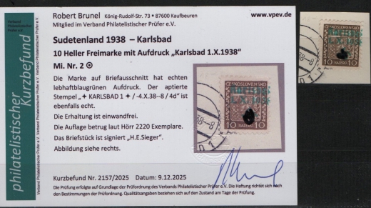 III. Reich / Dt. Bes. Sudetenland, 1938, Karlsbad, Mi.- Nr.: 2, auf kl. Briefstück! Akt. FB Brunel VPeV. : e+ e! Selten!