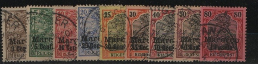 Dt. Auslandspostämter, Marokko, 1900 / 03, Mi.- Nrn.: 7- 15, gestempelt! Qualitäts- Kurzsatz! Selten!