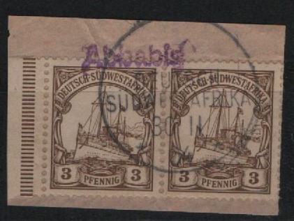 Dt. Kolonien, Stempel, DSWA, 1904, Mi.- Nr.: 11 (2x), auf kl. Briefstück! Mit Wanderstempel Abbabis! Dekorativ und selten!