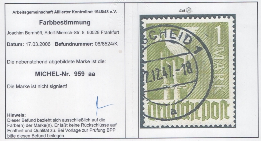 Allierte Besetzung / Kontrollrat, 1947, Mi.- Nr.: 959 aa, gestempelt, Farbbefund Bernhöft ARGE! Luxusstück!