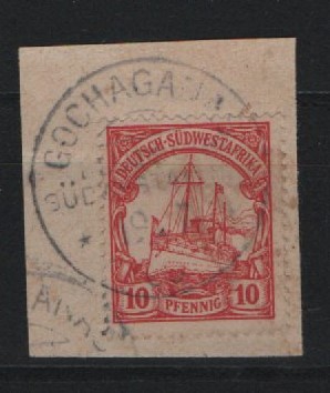 Dt. Kolonien, Stempel, DSWA, 190..., Mi.- Nr.: 13, auf kl. Briefstück! Mit Abstempelung Gochaganas! Tiefstgeprüft Czimmeck BPP! Selten!