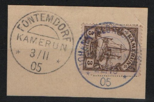 Dt. Kolonien, Stempel, Kamerun, 1905, Fontemdor + Johann- Albrechtshöhe (viol.) auf Mi.- Nr.: 7, auf kl. Briefstück! Qualitätsstück! Selten!