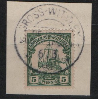 Dt. Kolonien, Stempel, DSWA, 1908, Mi.- Nr.: 12, auf kl. Briefstück! Mit StempelGross- Witvley! Selten!