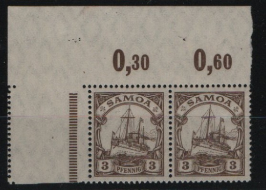 Samoa, 1915 / 19, Mi.- Nr.: 20 (2x, vom OR) + anhängendes Leerfeld (links), **, sehr selten!