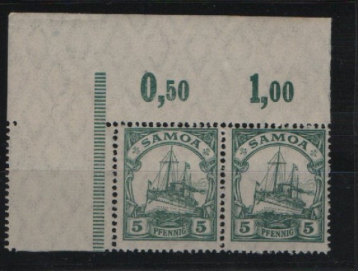 Samoa, 1915 / 19, Mi.- Nr.: 21 (2x, vom OR) + anhängendes Leerfeld (links), **, sehr selten!