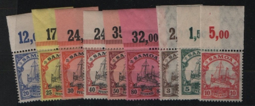 Dt. Kolonien, Samoa, 1900 / 01 + 1915 / 19, Mi.- Nrn.: 10- 15 + 20- 22 (je vom / mit Or.!), **! Selten!