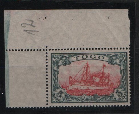 Dt. Kolonien, Togo, 1915, Mi.- Nr.: 23 II A mit Er., ** , tiefstgeprüft R.- Steuer BPP! Selten! Qualitätsstück! Hochdekorativ!