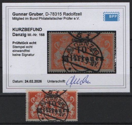 Danzig, 1923, Mi.- Nr.: 168, gestempelt, akt. K.- Befund Gruber BPP: e+e! Luxusstück! Selten!