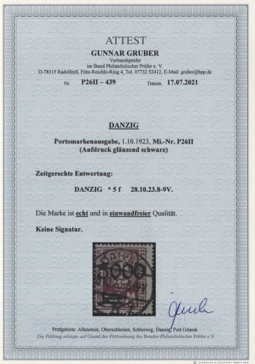 Danzig, 1923, Mi.- Nr.: P 26 II, gestempelt, Fotoattest Gruber BPP; e+e! Luxusstück! Sehr selten!