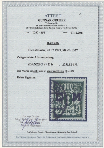 Danzig, 1923, Mi.- Nr.: D 36- 40, gestempelt, je geprüft / 3x FA Gruber / Soecknick BPP; e+e! Luxussatz! Sehr selten!