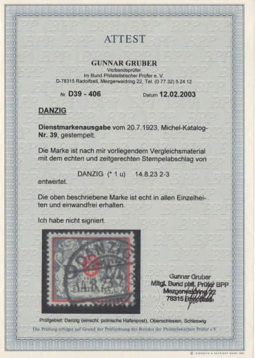 Danzig, 1923, Mi.- Nr.: D 36- 40, gestempelt, je geprüft / 3x FA Gruber / Soecknick BPP; e+e! Luxussatz! Sehr selten!