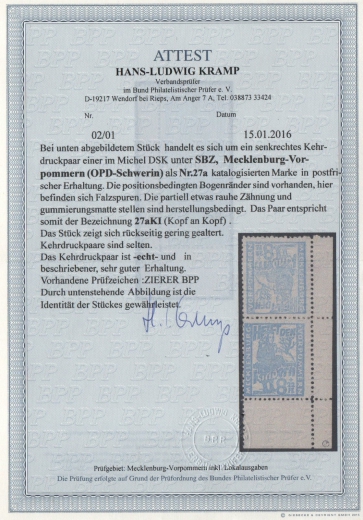 SBZ- MVP, 1945, Mi.- Nr.: 27 a KI, **, Fotoattest Kramp BPP: echt + ..., Prachtstück! Top- Rarität!